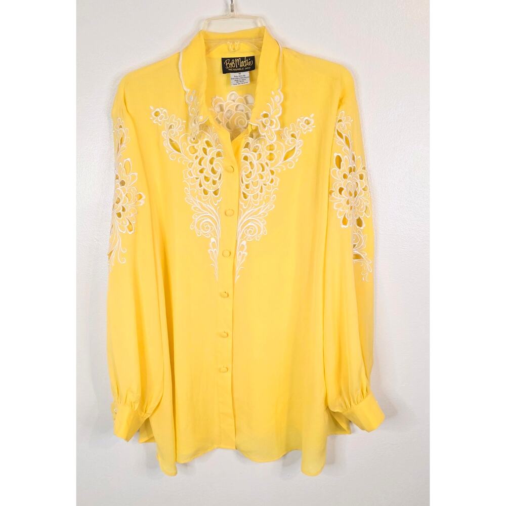 Bob Mackie Wearable Art Long Sleeve Shirt Yellow w/White Eyelet Cutouts Size 1X